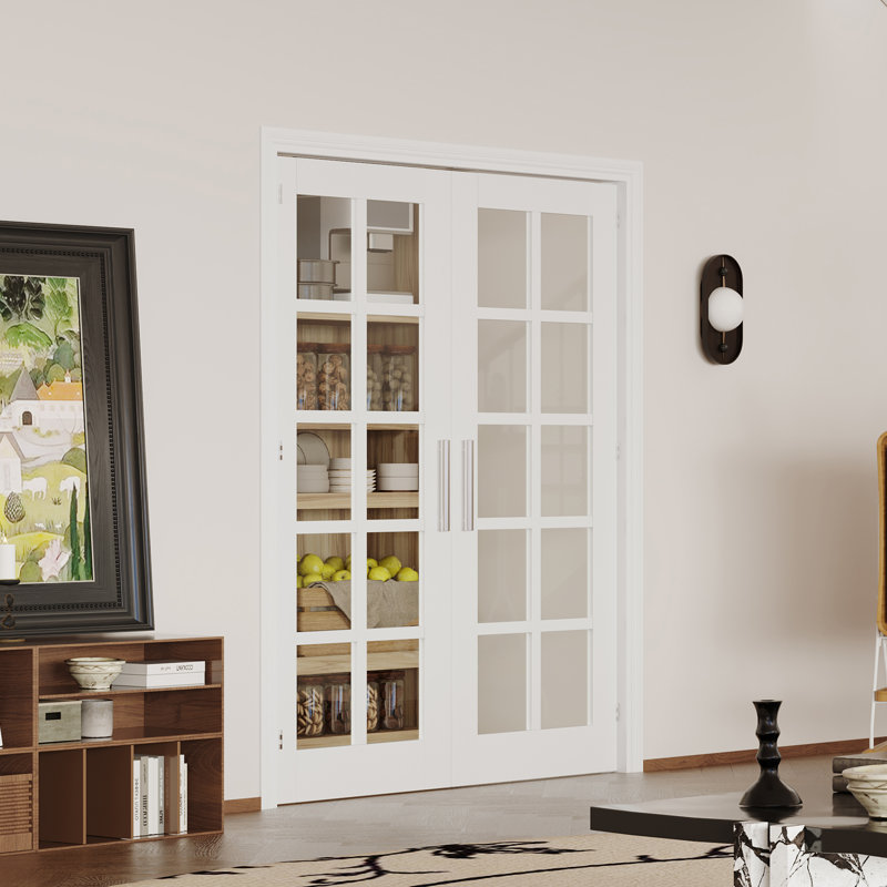 Portes doubles en dalle - conception en verre transparent 10 Lite avec finition blanche, porte de garde-manger intérieure (poignée, loquet et goupille inclus, à peindre)