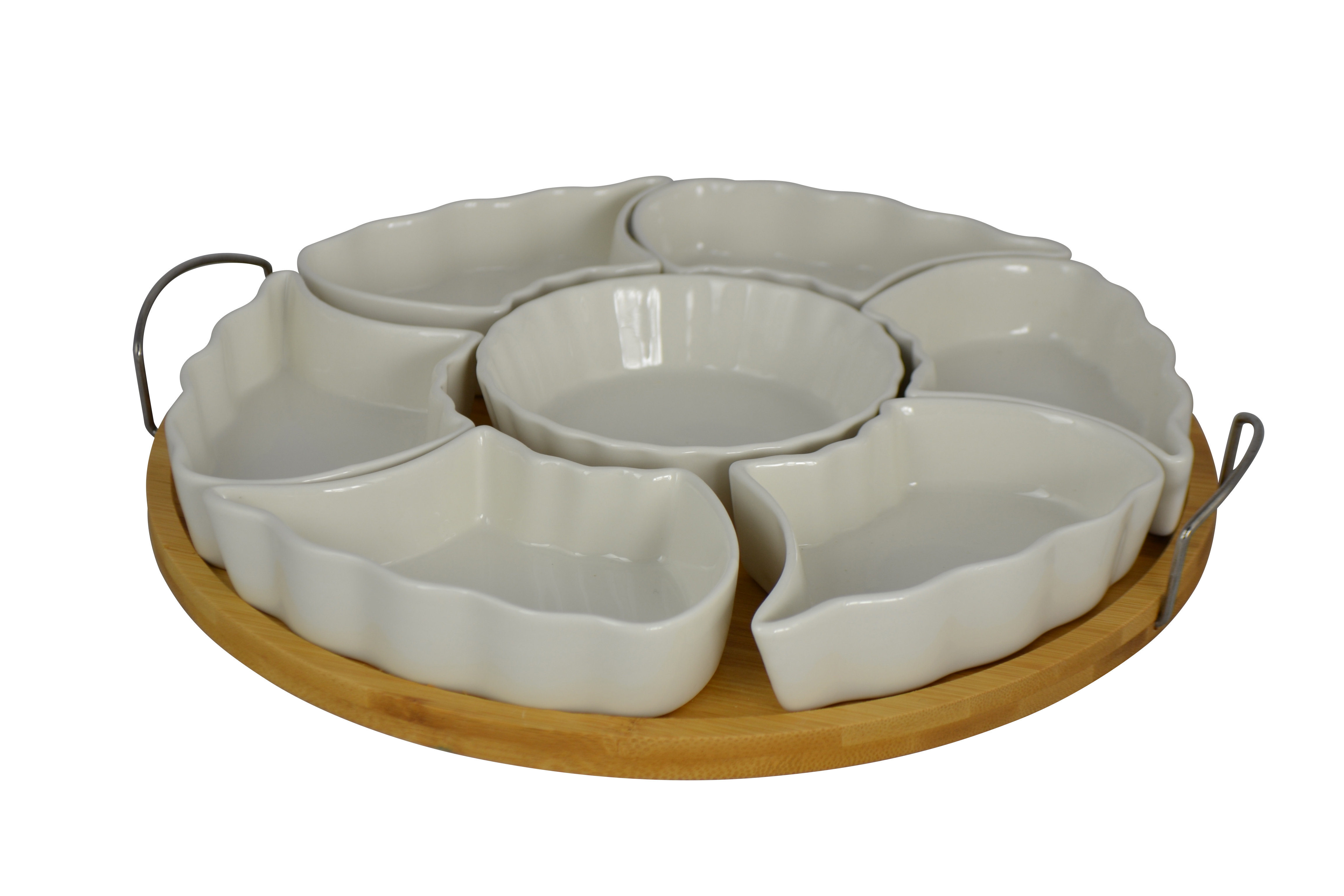 Three Star Ceramic Condiment Tray 7 Compartments and Bamboo Tray with