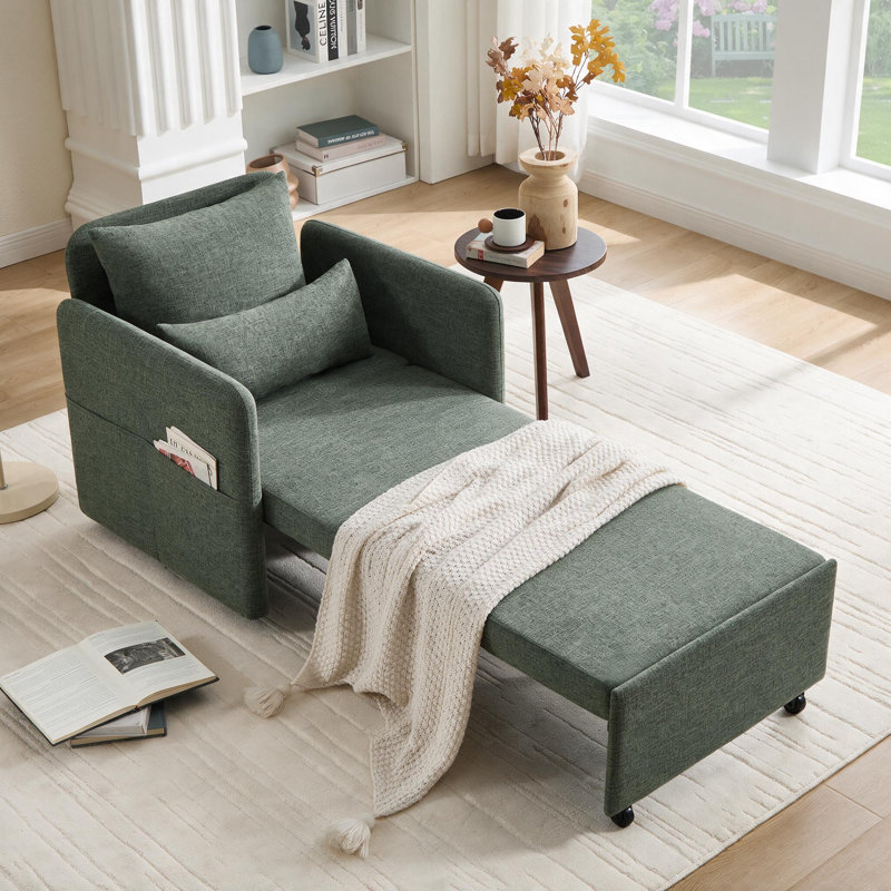 Canapé-lit convertible L 87 po 3-en-1, dossier réglable en 3 sections avec 2 coussins et sac de rangement, Lin vert