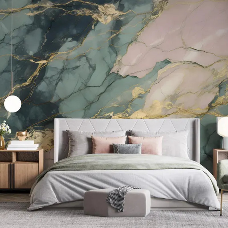 Murale sarcelle or rose marbré, L 108 po x l 96 po