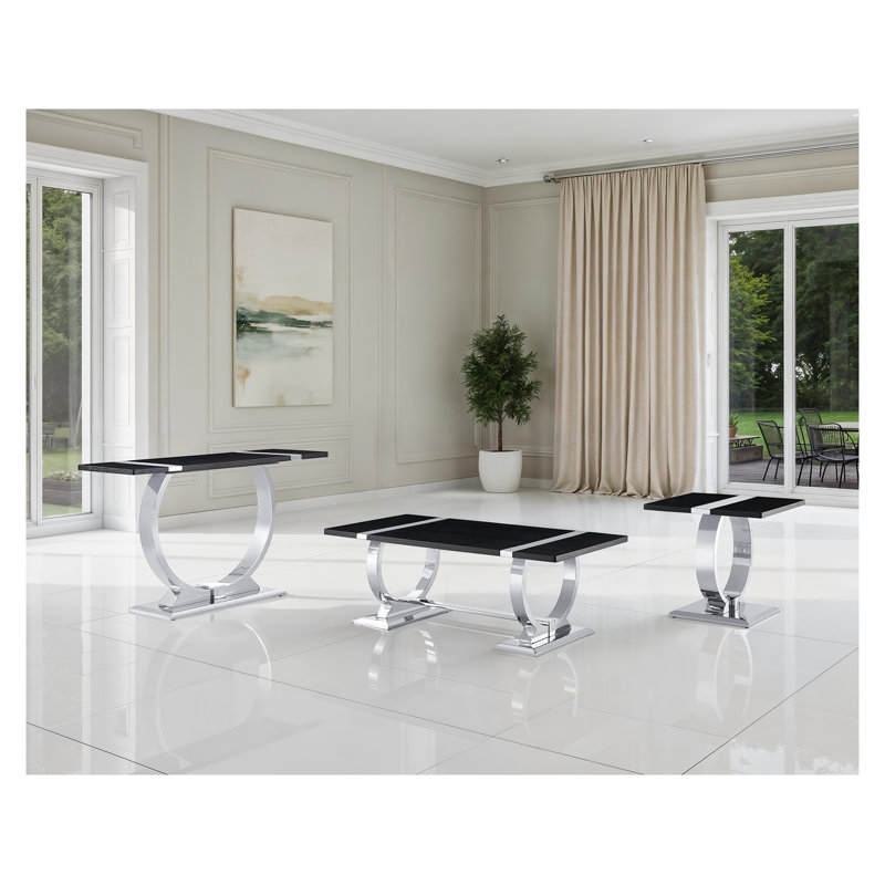 Table d'appoint carrée contemporaine avec piètement à tréteaux en forme de O, finition noire et argentée, structure en bois d'ingénierie et acier