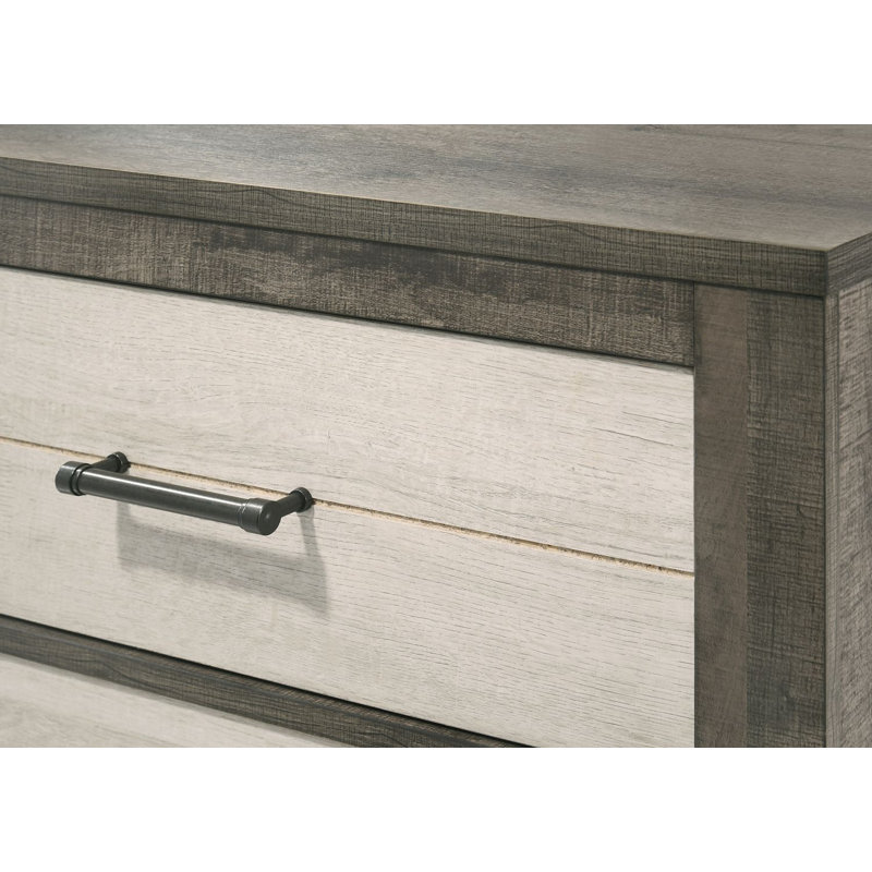 Commode de chevet grise et beige à deux tons avec quatre tiroirs et poignées en métal pour un rangement pratique