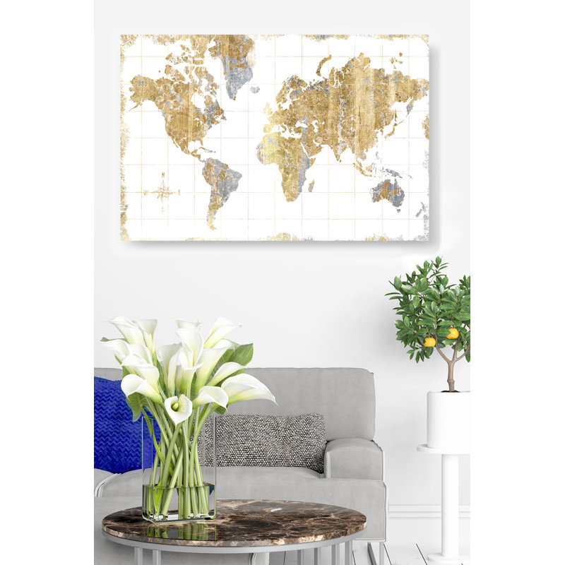 Carte du monde, doré sur blanc, H 24 po x l 36 po x P 1,5 po