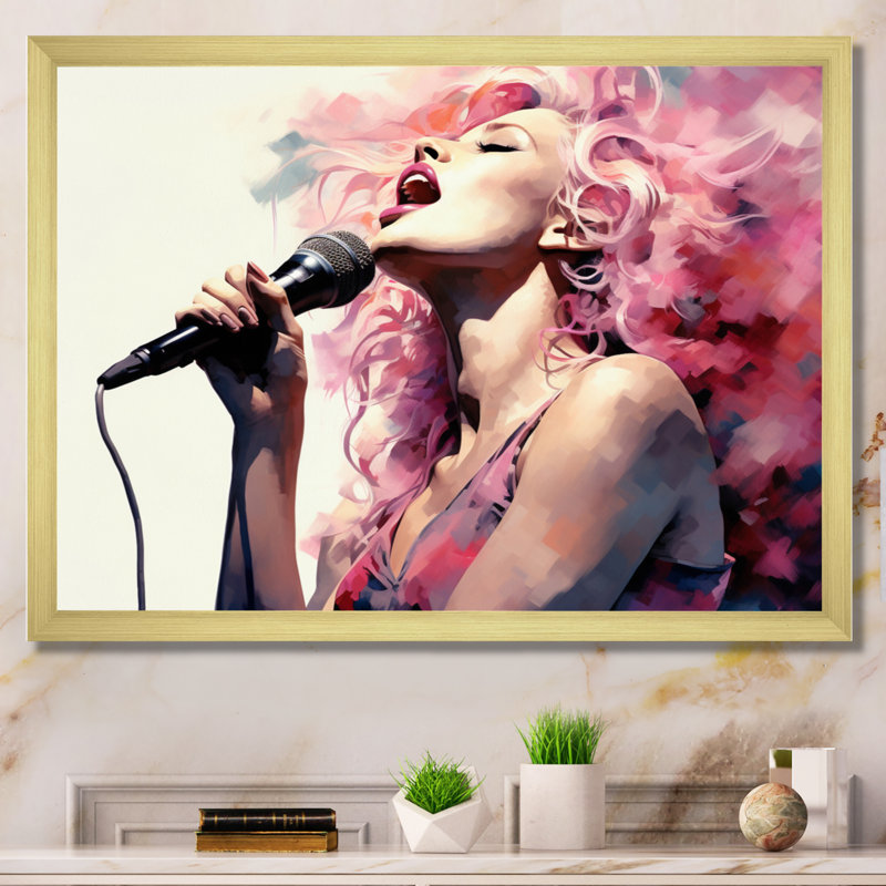 «Pink Black Music Vocal Expression II», reproduction d'art sur toile, Cadre doré simple, H 12 po x l 20 po x P 1 po
