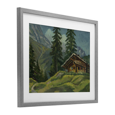 Cabine à la base de la montagne, reproduction encadrée sous verre, design avec lettres et doublure