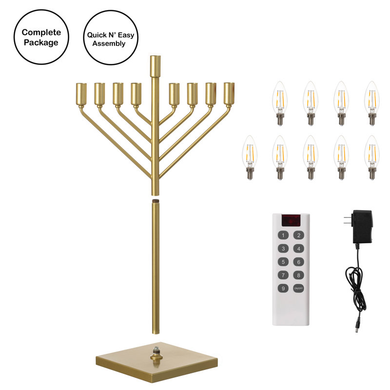 Chabad Style Gold Finish Hanukkah Menorah For Entryway, Living Room, Office, And Kitchen With Led Light Bulbs And Remote Control For Easy Daily Hanukkah Lighting Sequence