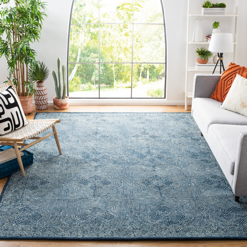 Kaysville Micro-Loop Hand Tufted Wool/Cotton Geometric Rug in Navy, Rectangle 5' x 8'