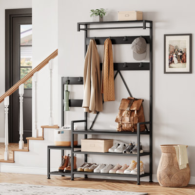 Hall Tree with Shoe Storage Bench, Freestanding Entryway Coat Rack with Hooks Hanging Bar & Multi-Tier Shoe Shelf for Hallway Mudroom, Black