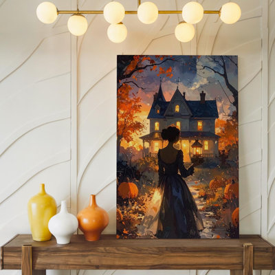 Art mural sur toile, lanterne, dame et maison victorienne, Enchanted Halloween, livre d'art prêt à accrocher