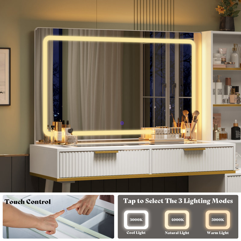 Mercer41 48" Vanity Desk with 35" Large Lighted Mirror, 5 Drawers & Shelves & Charging Station