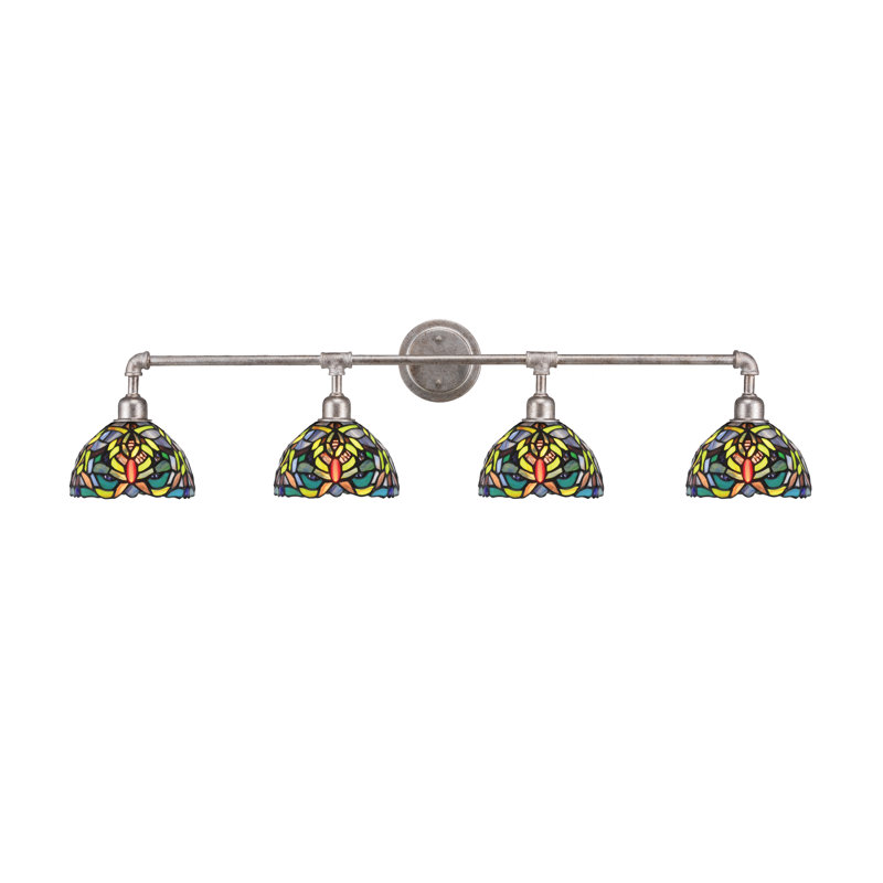 Barre d'éclairage de salle de bain 4 lumières Barlas Vintage avec verre d'art kaléidoscope 7 po, Argent vieilli