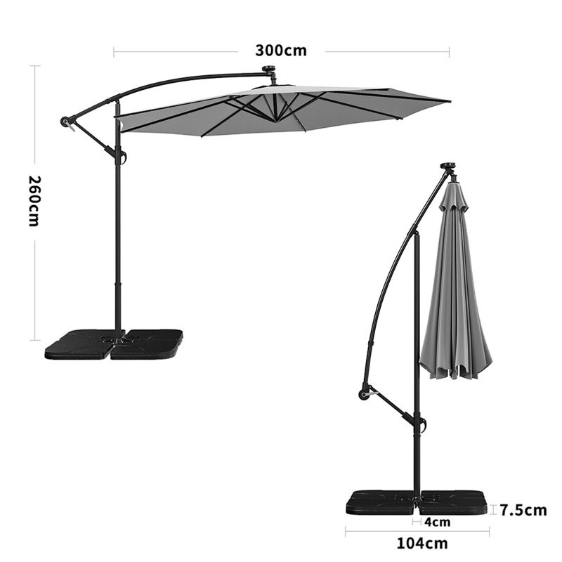 Arlo 3m Cantilever Parasol with LED Light, Light Grey