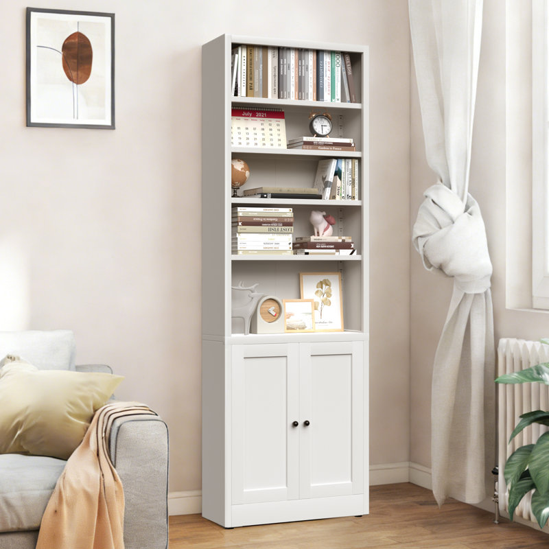 White Industrial Bookcase, Adjustable Shelf Bookcase with Door, 9.2D x 71H Tall Bookshelf for Living Room, Home Office, Library