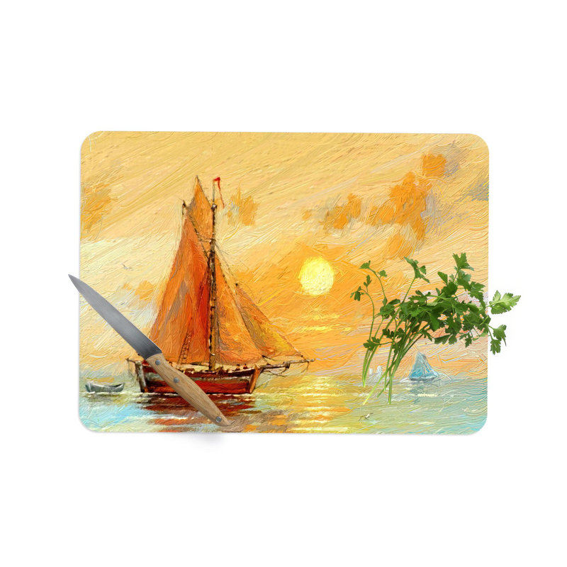 Planche à découper en verre mettant en vedette des bateaux de pêche et un paysage de mer pour la décoration de la cuisine et la décoration intérieure