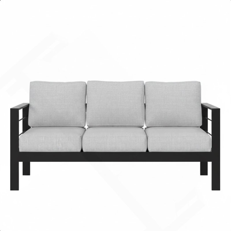 73" All-Weather Aluminum Patio Sofa, 3 Seat Outdoor Couch With Thick Light Gray Cushions & Black Frame, Gray, Black