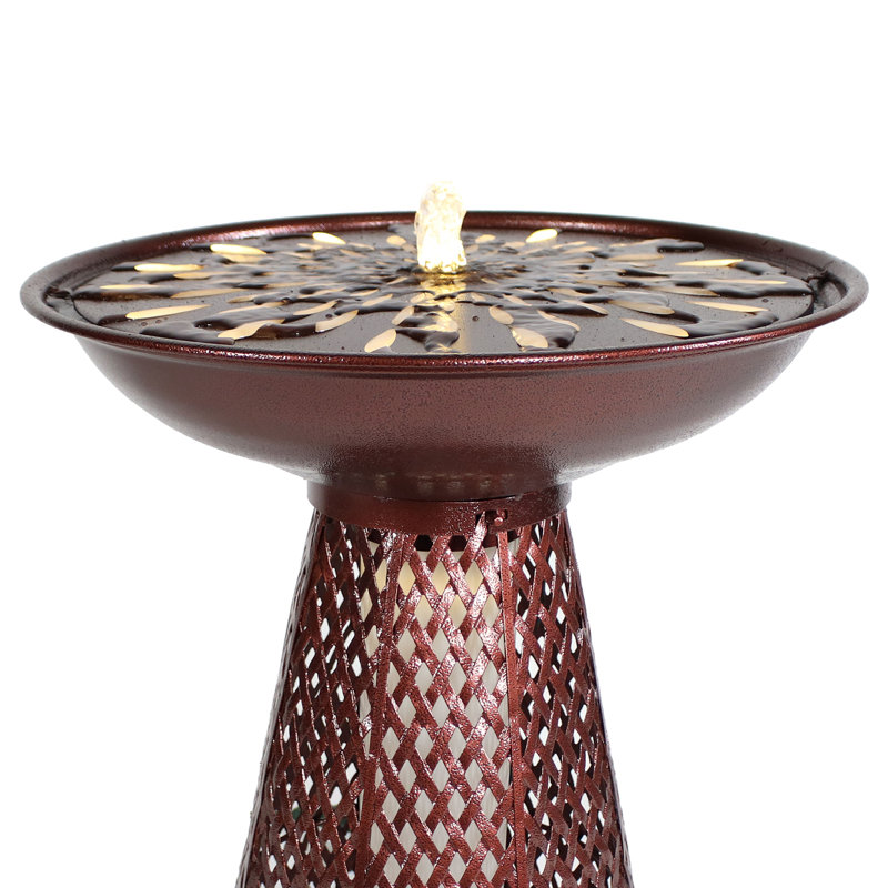 Brown Metal Crosshatch Bird Bath Fountain with LED Lights
