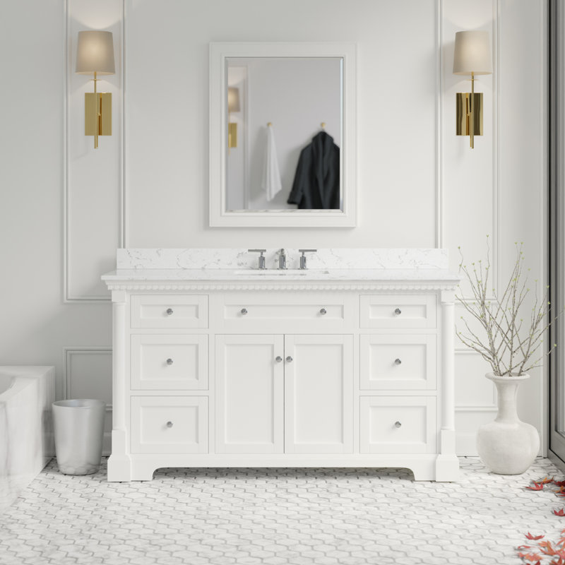 Fossen 60'' Single Bathroom Vanity with Top, White, Engineered Marble