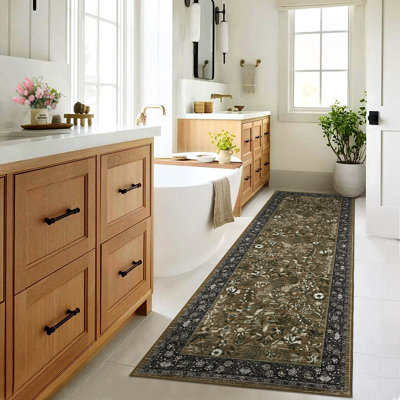 Washable Runner Rug 2x6 Moden Floral Entryway Runner with Non Slip Rubber Backing, Farmhouse Botanical Hallway Rug, Low Pile Thin Foldable Printed Mat, Soft Non Shedding Carpet, Brown