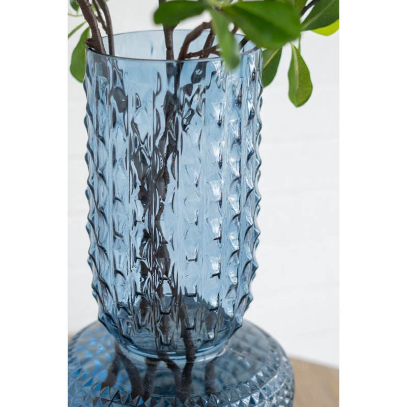  Round  Glass Vase With Hobnail Texture, Blue, overall height- 15.1"