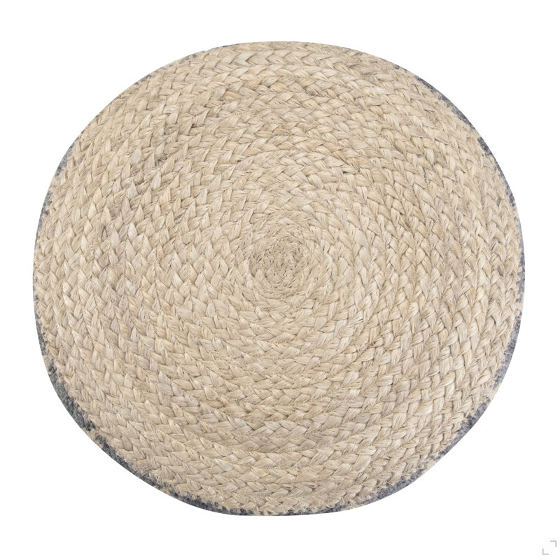 18 Inch Wide Round Pouf In Grey And Natural Handwoven Jute And Cotton