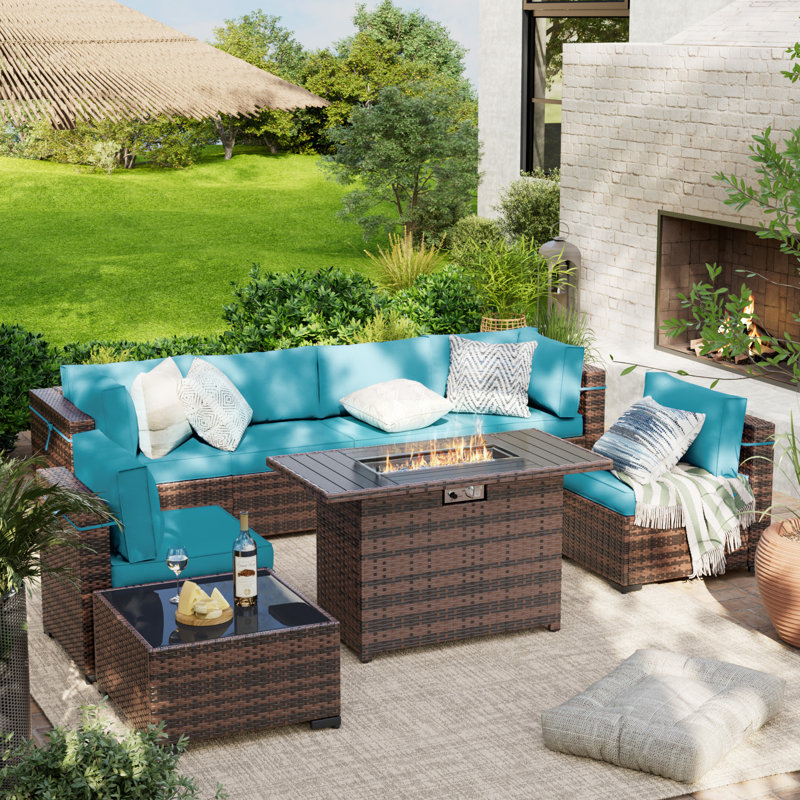 Ensemble de terrasses 8 pièces avec foyer Benboe, Structure brune / coussin bleu clair