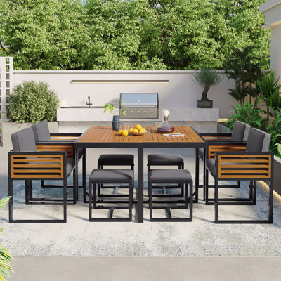 9-Pieces Acacia Wood Patio Dining Set, Space Saving Outdoor Patio Set, 4 Cushioned Chairs & 4 Ottomans & 1 Square Table, For Backyard, Garden, Deck And Poolside, Gray