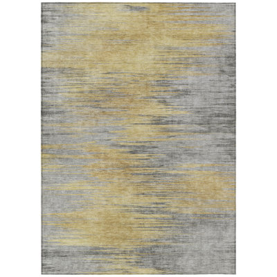 9' X 12' Gold Gray And Charcoal Abstract Washable Indoor Outdoor Area Rug
