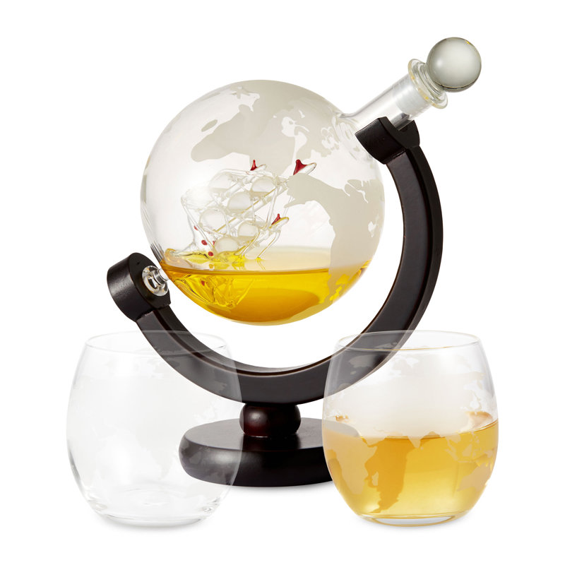 Globe  Whiskey Decanter And 2 Cups Set With Wood Base