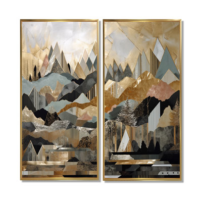 Grey And Gold Geometric Horizons I - Green Modern Canvas Prints 2 Panels