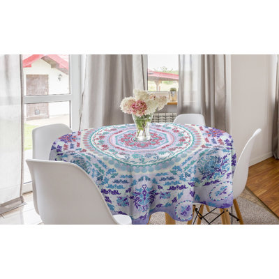 Mandala Round Tablecloth, Medallion Design Floral Patterns And Leaves Boho Hippie Style Prints, Circle Table Cloth Cover For Dining Room Kitchen Decoration, 60", Turquoise Purple