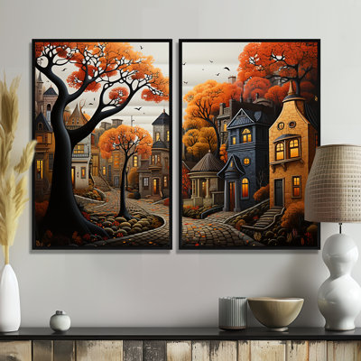 Cozy village in Autumn Moonlit III - Art mural sur toile industriel brun