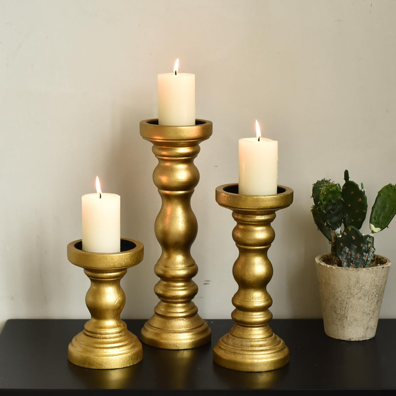 Farmhouse Wood Pillar Candle Holder Set Of 3 For Candlestick, Gold