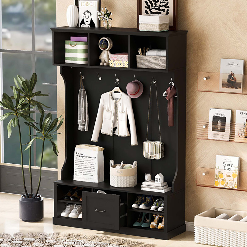 Hall Tree with 6 Hooks, Coat Hanger, Entryway Bench, 3-in-1 Design, A Spacious Drawer for Entrance,Living Room, Black