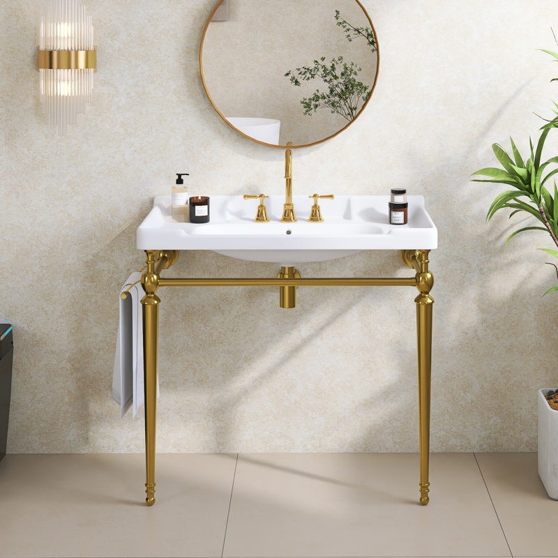 Wall-Mounted Bathroom Console Sink,White Ceramic Vanity Basin With 3 Pre-Drilled Faucet Holes, Freestanding Stainless Steel Support Legs With Towel Bar, No Faucet And Sink Cover, Gold Color