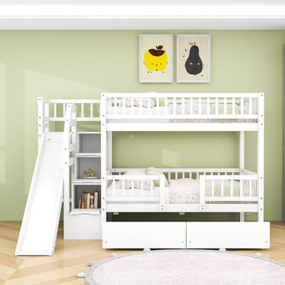 Twin Over Twin 2 Drawers Wood Bunk Bed With Storage Staircase And Slide