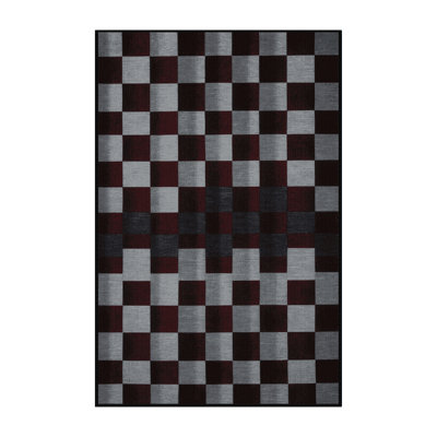 Machine Washable Checkered Brown Area Rug