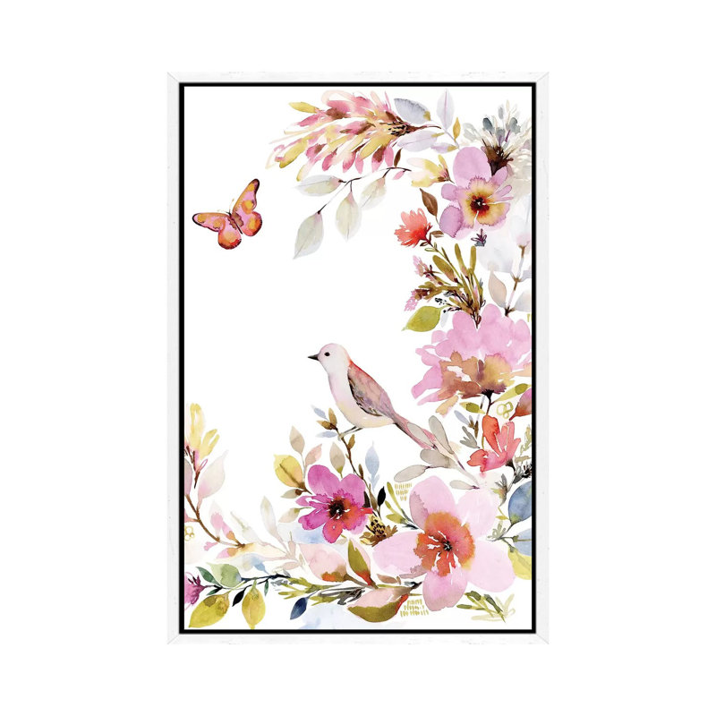 Flora Bird by Stephanie Ryan - Painting on Canvas, White Floater Framed, 66.04cm H x 45.72cm W x 3.81cm D