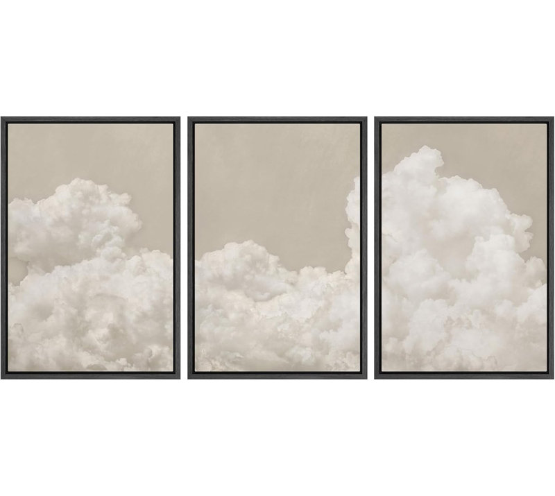 " Muted Serene Sky Filled With Fluffy Clouds Illustrations Neutral Art Decor Chic Living Room " 3 - Pieces, Black