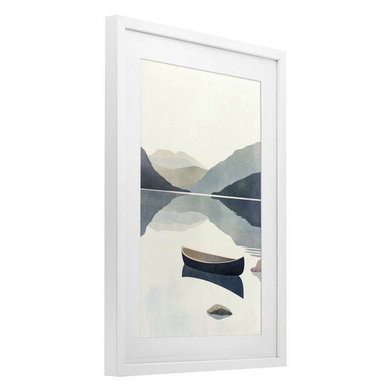 «Silent Shore with Boat», reproduction encadrée sous verre, conception de Mona Grace, H 23 po x l 17 po, Cadre blanc côtier
