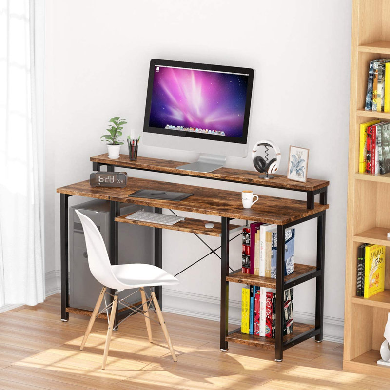Modern Home Office Computer Writing Study Desk with Storage Shelves and Keyboard Tray, Rustic Brown/Black