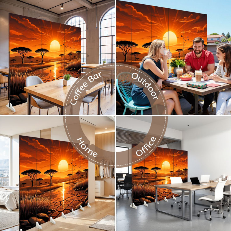 Cloison pliante 6 panneaux Royal African Sunset Acacia Trees Birds Orange Sky, 6, 71" H x 96" W x 1" D
