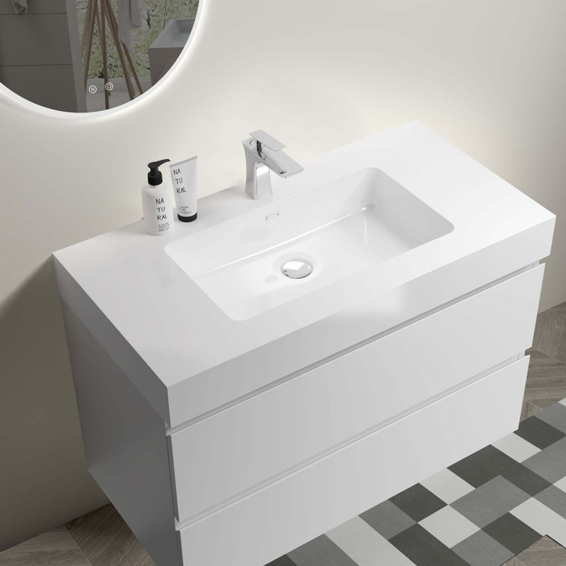 Bassin à surface solide intégré SANS meuble-lavabo, drain et robinet
