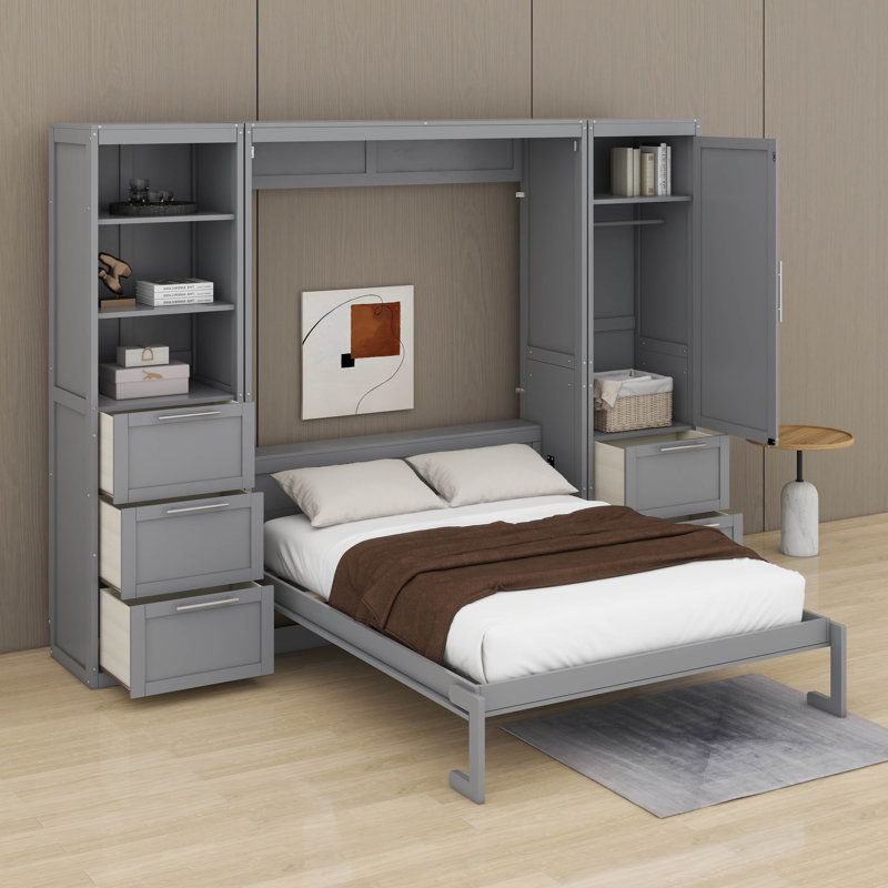 Grand lit escamotable avec tiroirs et tablettes, Gris