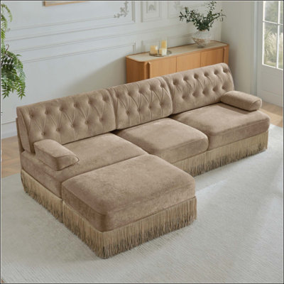Tissu en velours 3 places de haute qualité, canapé modulaire Cloud, jupe à pampilles, conception capitonnée, mousse haute résilience haute densité, facile à assembler, base en bois de qualité supérieure, pour le salon