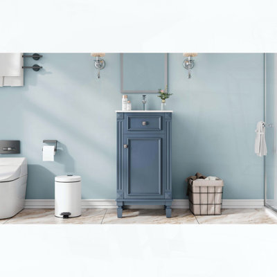 Meuble-lavabo sur pied avec lavabo en céramique, porte à fermeture douce et étagère réglable, style français, bleu