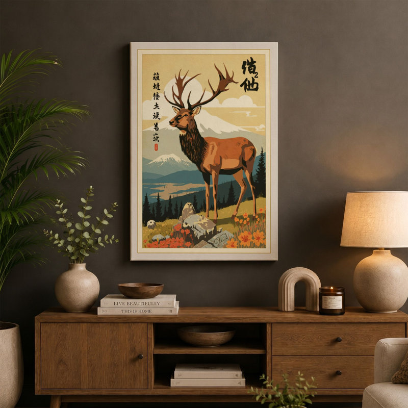Mountain Deer Japandi - Wrapped Canvas, 18x12 - 45.7 x 30.5 cm, Ochre Border