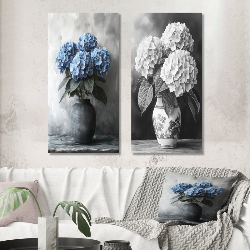 Hydrangea In Monochrome Vase I - Floral Canvas Prints 2 Panels, 28" H x 25" W, Wrapped Canvas