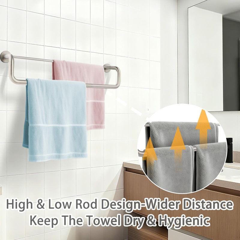 Double barre à serviettes murale en acier inoxydable 24 po pour salle de bain, Nickel brossé