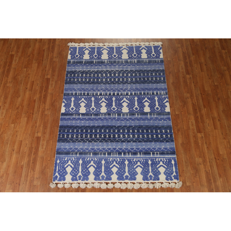 Tapis marocain bleu à motif géométrique noué à la main 5 x 8