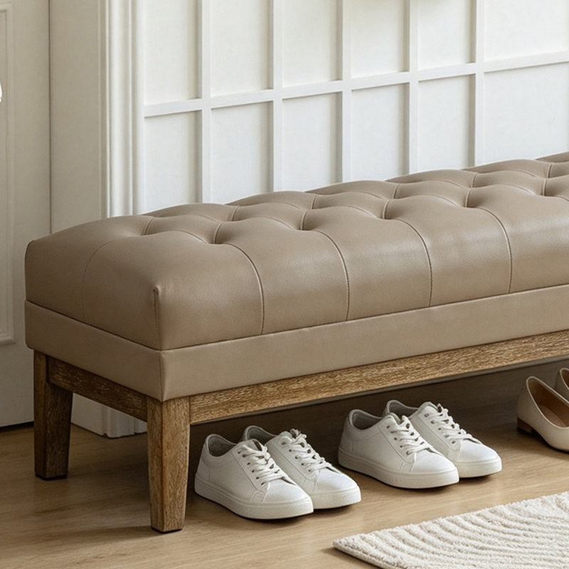 Banc capitonné de 63 pouces de large avec pieds en bois massif, Tanné